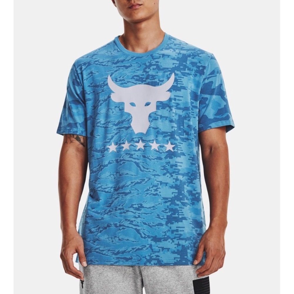 Under Armour Project Rock Freedom Camo T-Shirt Mens Large Blue Brahma Bull Gym